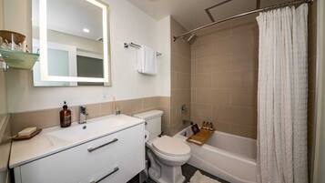 Tina con regadera, secadora de cabello, toallas, jabón