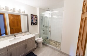 Hair dryer, heated floors, towels