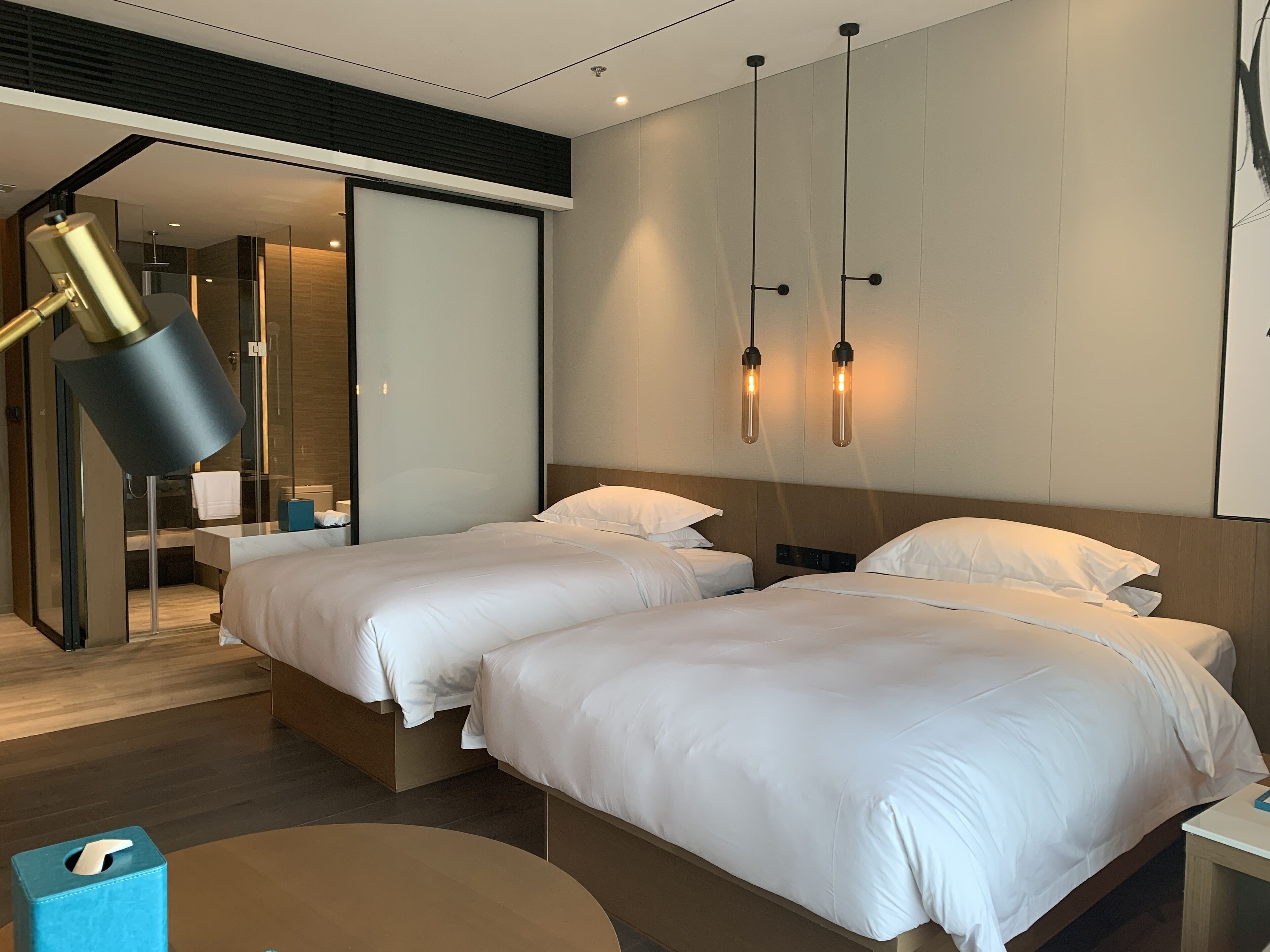 Una habitación de hotel moderna con dos camas, un espejo grande, una mesita de noche y una lámpara de pie original.