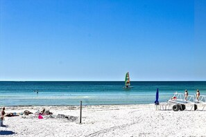 Beach Club complex has a small designated beach area for its guests....short (3-4 min.) walk to reach the coded gate.