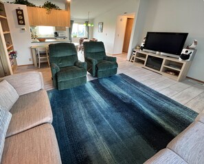 TV, fireplace, books, stereo