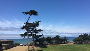 Une vue sur la côte, avec un ciel dégagé, une zone sablonneuse parsemée de quelques arbres et un bâtiment doté d’un balcon donnant sur l’océan.