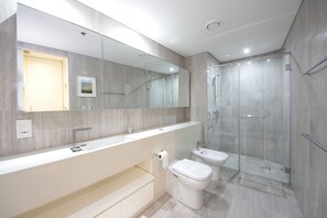 Standard Apartment | Bathroom | Separate bathtub and shower, hydromassage showerhead - Luxury 3 Bedroom in D1 Tower (Dubai)