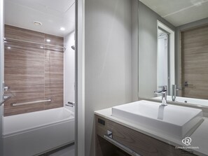 Separate tub and shower, free toiletries, hair dryer, slippers