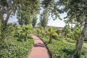 A pathway surrounded by lush greenery and trees, leading to a view of buildings in the distance.