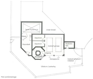 A floor plan with a garage, depot, and storage room. - 'Luxurious villa in the sun' with Sea & Mountain View, Pool, A/C & Wi-Fi (Mijas Costa)