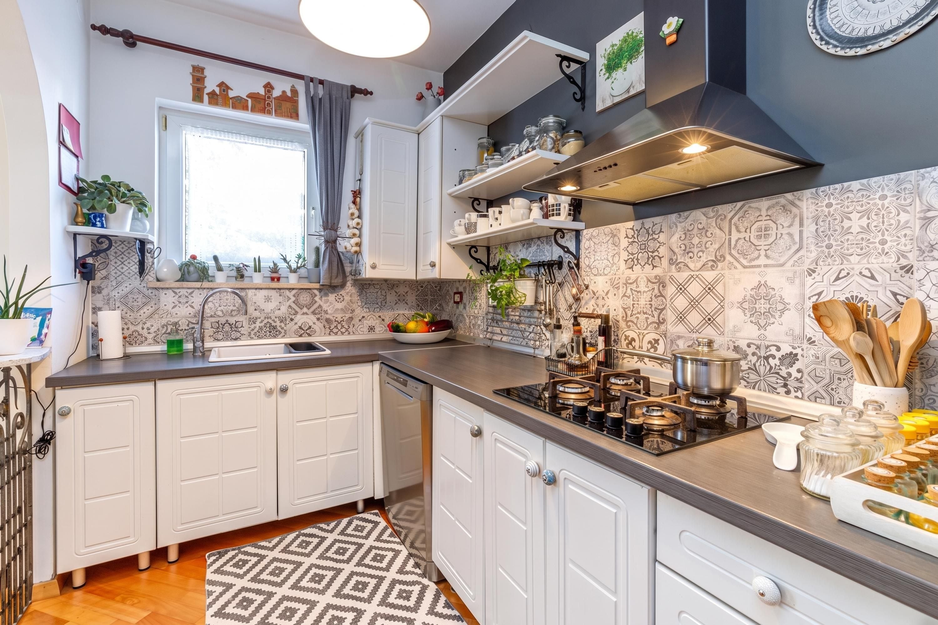 Una cocina con armarios blancos, estufa integrada y ventana con cortinas.