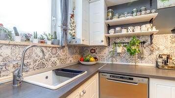 A kitchen with a dishwasher, a sink, and a window with plants.