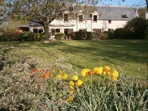 A house with a well-maintained lawn and a variety of flowers in the foreground.