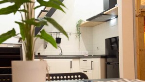 A modern kitchen with white cabinets, a black refrigerator, and a hanging plant. - The Pearl of Neptune Tourist rental 600mt from the sea (Nettuno)