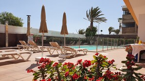 A poolside area with lounge chairs and umbrellas, a clear pool, and surrounding greenery.