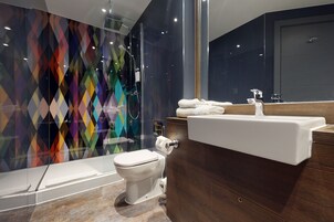 Shower, rainfall showerhead, eco-friendly toiletries, hair dryer