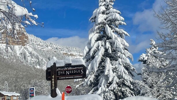 A snow-covered landscape with a sign for 'The Needles' indicating a limited townhome community.