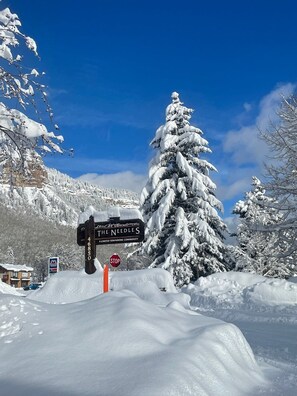 Schneebedeckte Landschaft mit einem Schild, das 'The Needles' für eine kleine Wohngegend mit Reihenhäusern anzeigt.