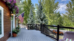 A wooden deck with a black railing, a potted plant, and an American flag.