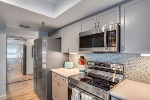 Fridge, microwave, oven, stovetop