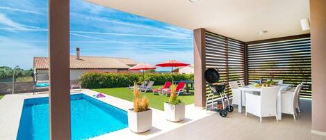 A heated pool, pool loungers