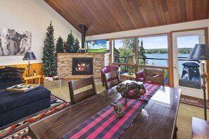 Smart TV, fireplace, books