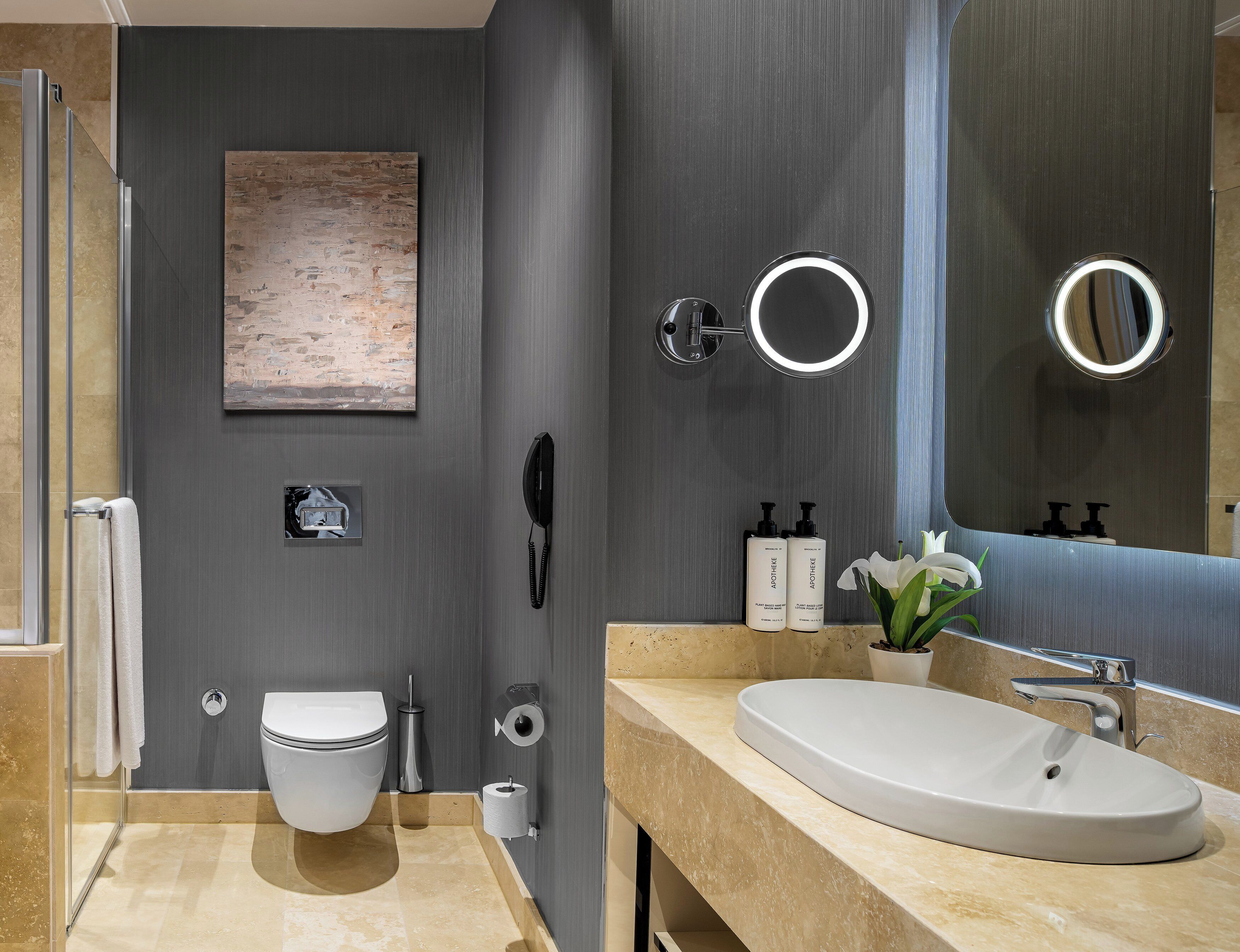 separate bathtub and shower, rainfall showerhead, hair dryer, slippers