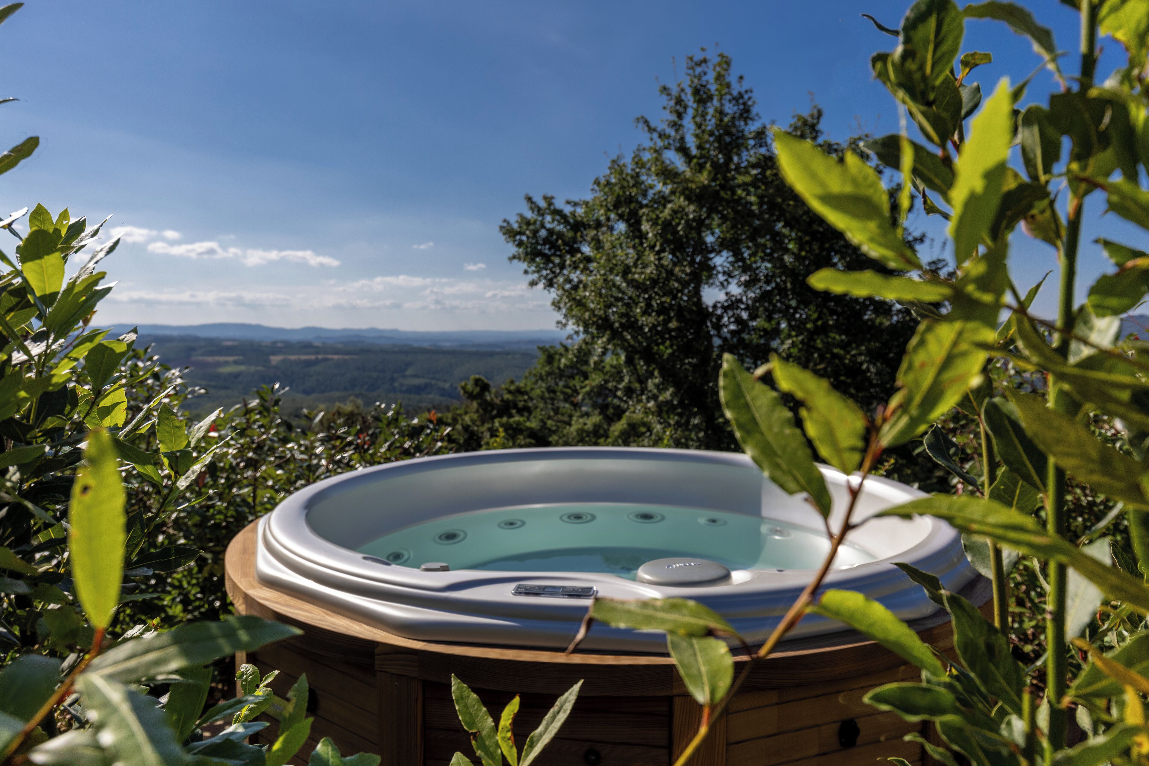 Un jacuzzi rodeado de follaje con una vista panorámica al fondo.
