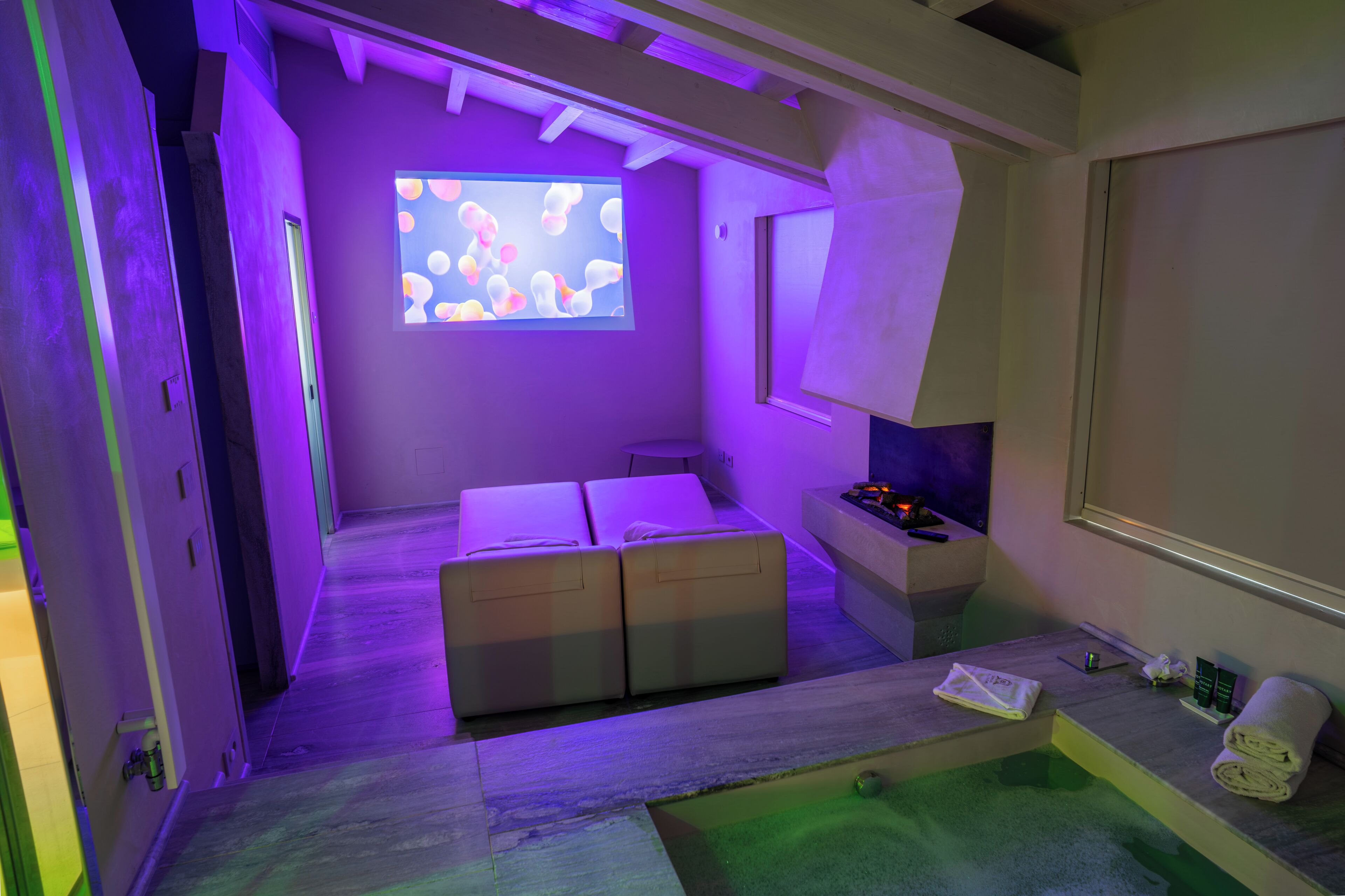 A room with a massage table, a projection screen, a small TV, and a window.