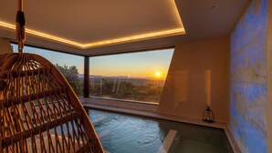 Un interior moderno con un ventanal grande, una silla colgante y una pequeña zona de piscina.