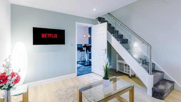 Un salon moderne avec une table basse en verre, une plante en pot et un téléviseur à écran plat affichant le logo « NETFLIX ».