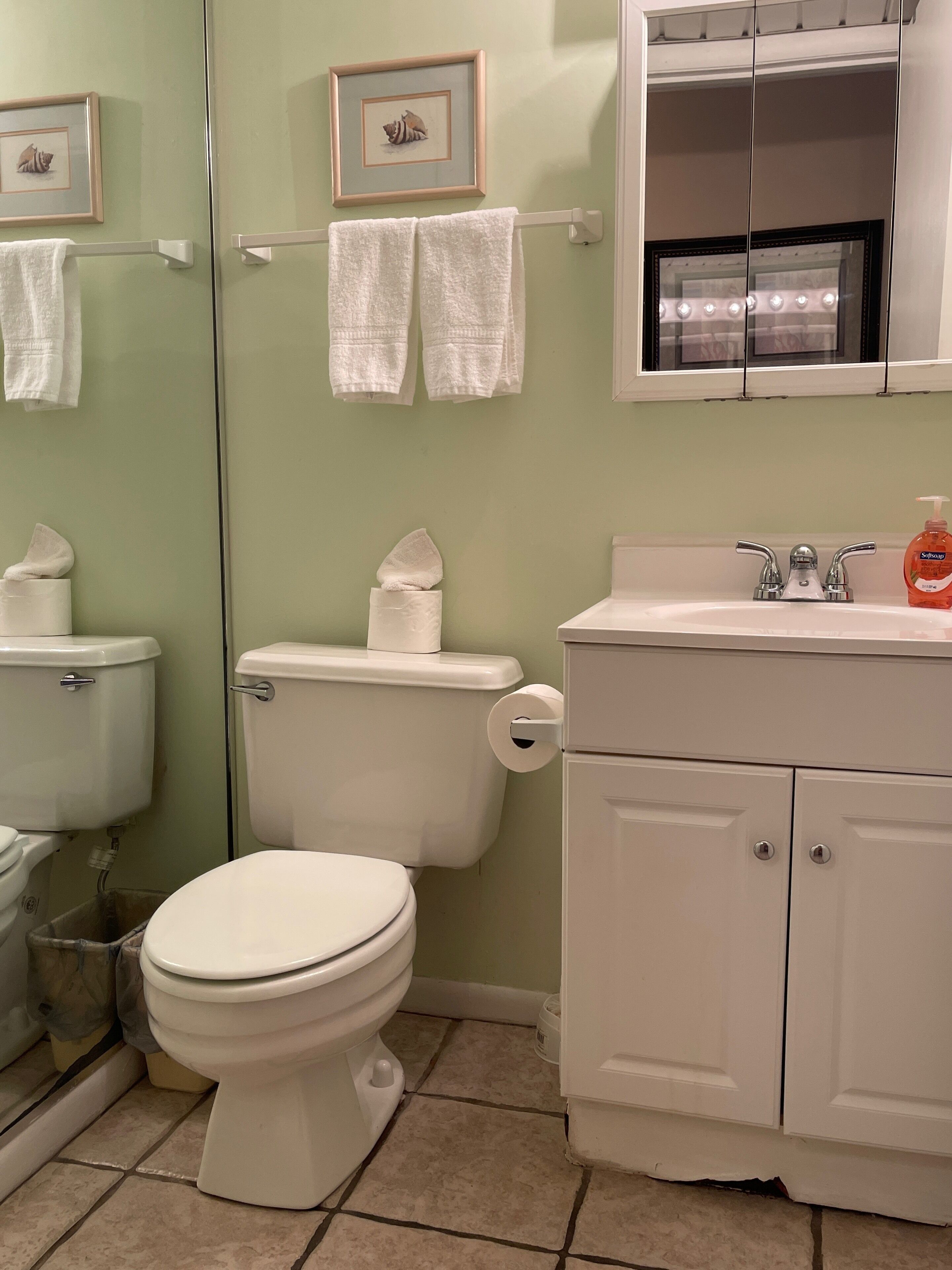 Ein Badezimmer mit Toilette, Bidet und Waschbecken mit Spiegel darüber. An der Wand hängen zwei Bilder und am Waschbecken steht eine Handseifenflasche.
