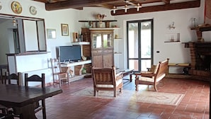 A spacious living area with a wooden ceiling, a fireplace, and a dining table with chairs.