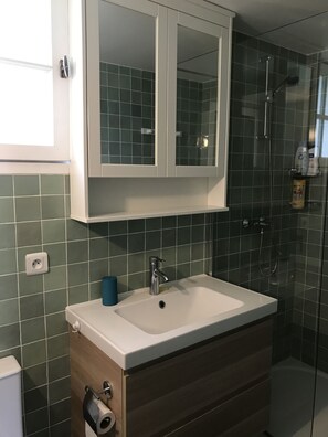 Une salle de bain avec un lavabo blanc, un miroir au-dessus, et un espace douche doté d’une porte en verre.
