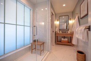 Shower, rainfall showerhead, designer toiletries, hair dryer
