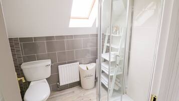 A modern bathroom with a toilet, bidet, and glass shower enclosure.