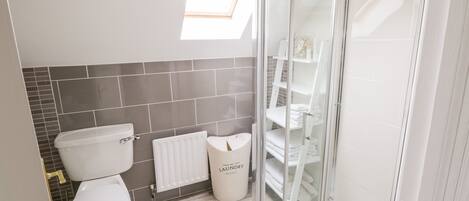 A modern bathroom with a toilet, bidet, and glass shower enclosure.