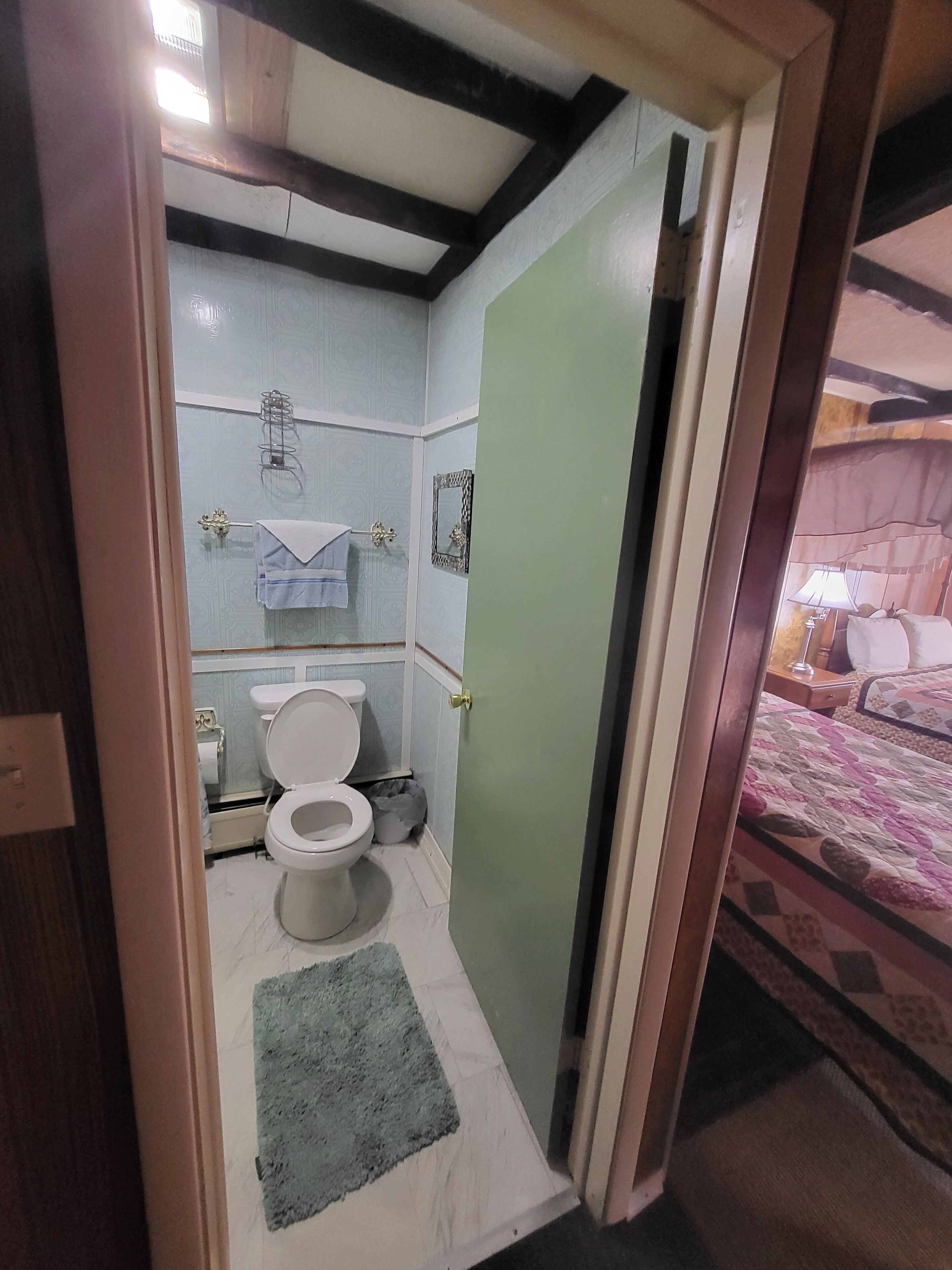 A compact bathroom with a toilet, a towel rack, and a mirror.
