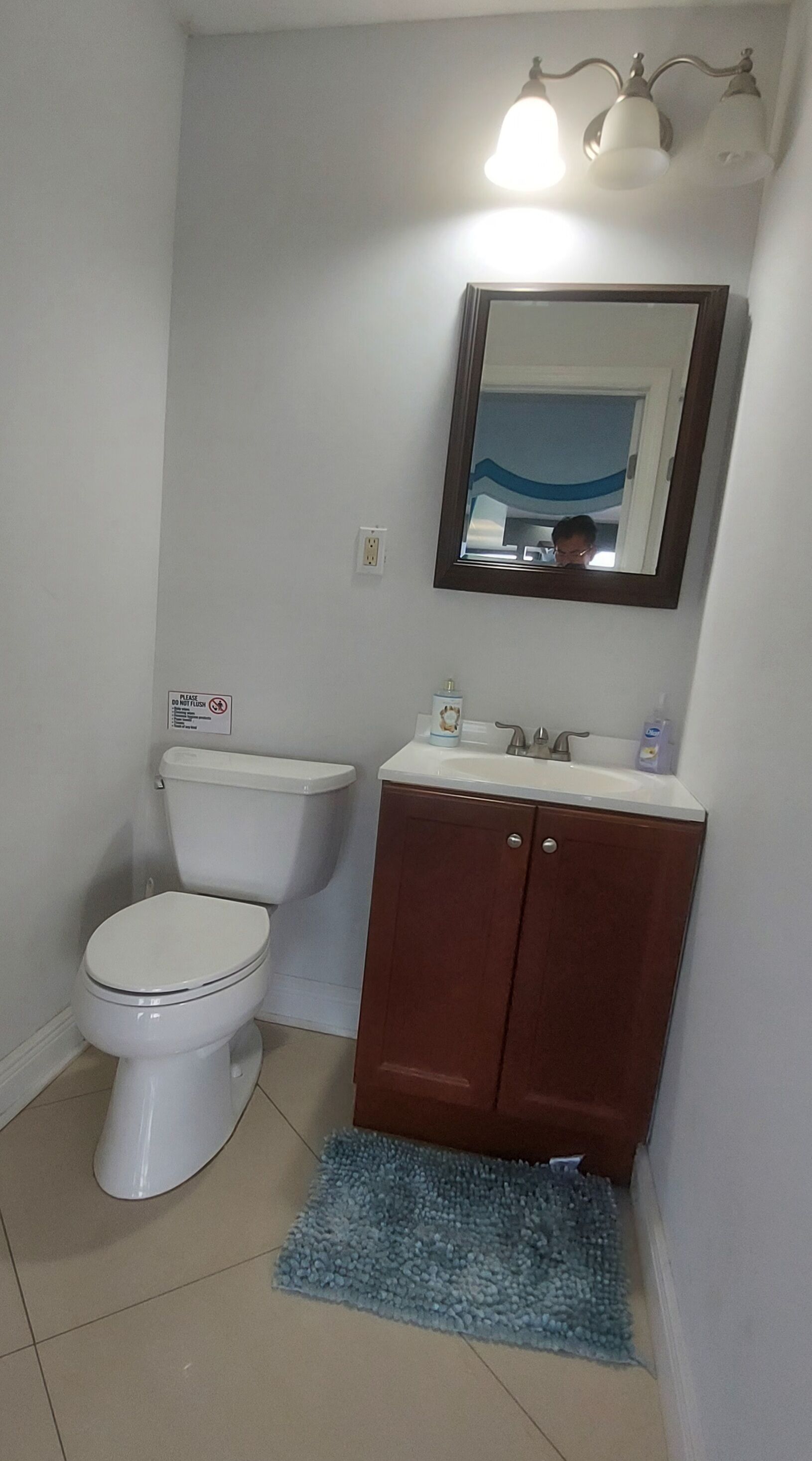 A bathroom with a white toilet, a wooden cabinet, a sink, and a blue rug.