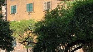 A building with multiple windows and shutters, parked cars, and a tree in the foreground. - Comfy apartment with 4 double bedrooms, 4 bathrooms and a fully equipped kitchen (Roma)