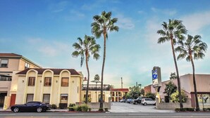 A hotel with a parking lot, palm trees, and a sign for 'Charlie's Inn'. - 1KNS-1 King Non Smoking (Glendale)