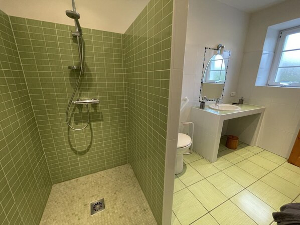 A bathroom with green tiled walls, a shower, a toilet, a sink, and a window. - Jauregia - Saint-esteben (SAINT-ESTEBEN)