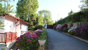 A narrow road flanked by lush greenery and flowering plants, leading to a gated entrance. - Villa ANNE-MARIE - BAYONNE (BAYONNE)