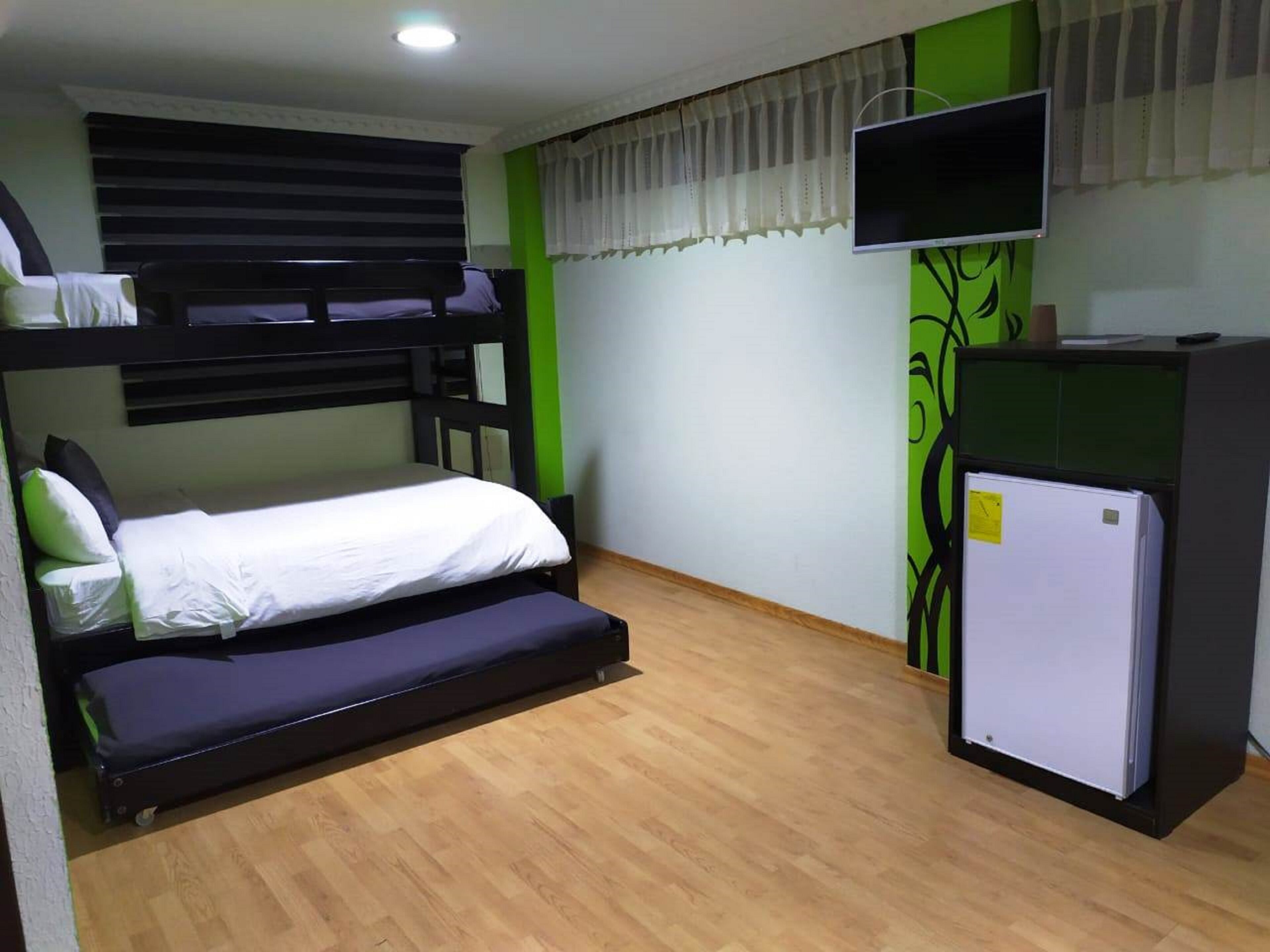 A compact room with bunk beds, a desk, a television, and a refrigerator.