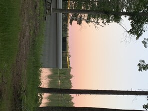 Une terrasse en bois qui s’étend au-dessus d’une étendue d’eau, entourée d’arbres et sous un ciel dégagé.