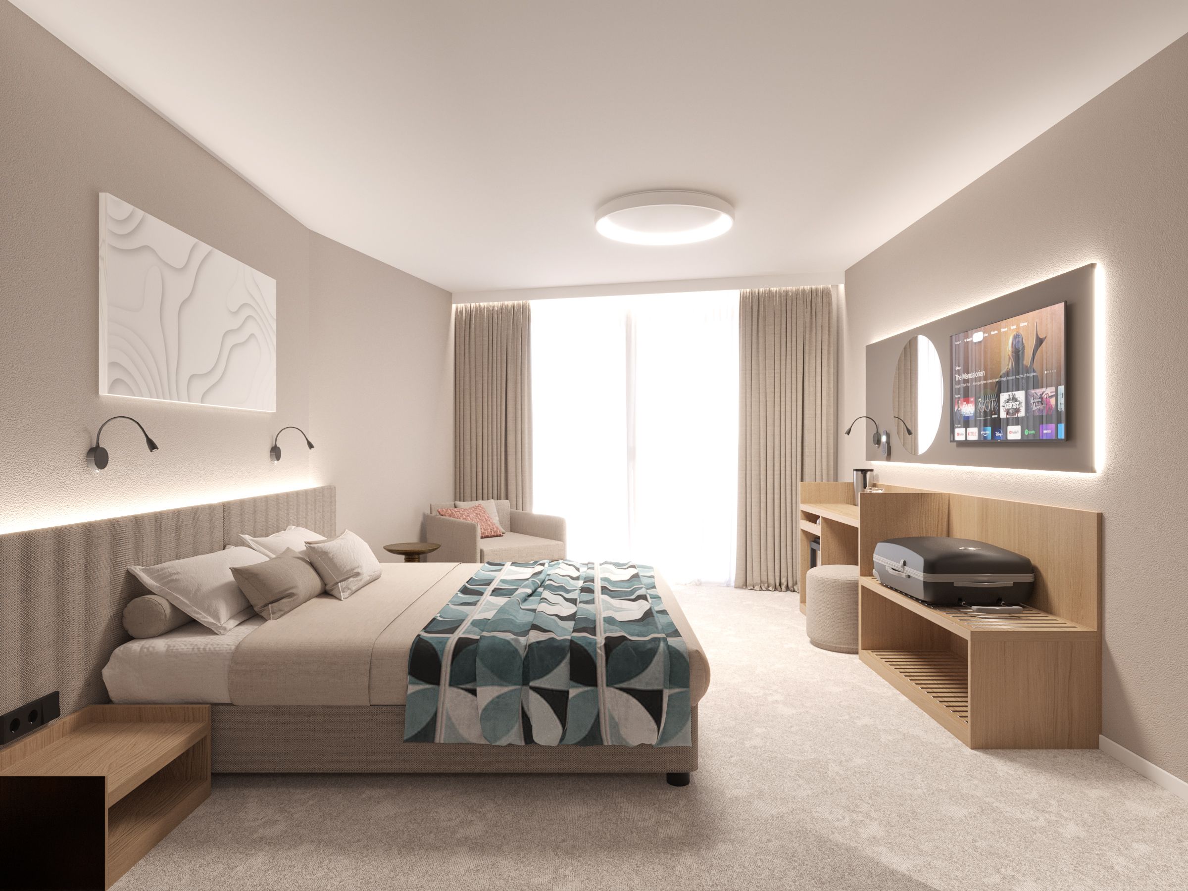 Ein modernes Hotelzimmer mit Bett, Fernseher, Schreibtisch und Stuhl.