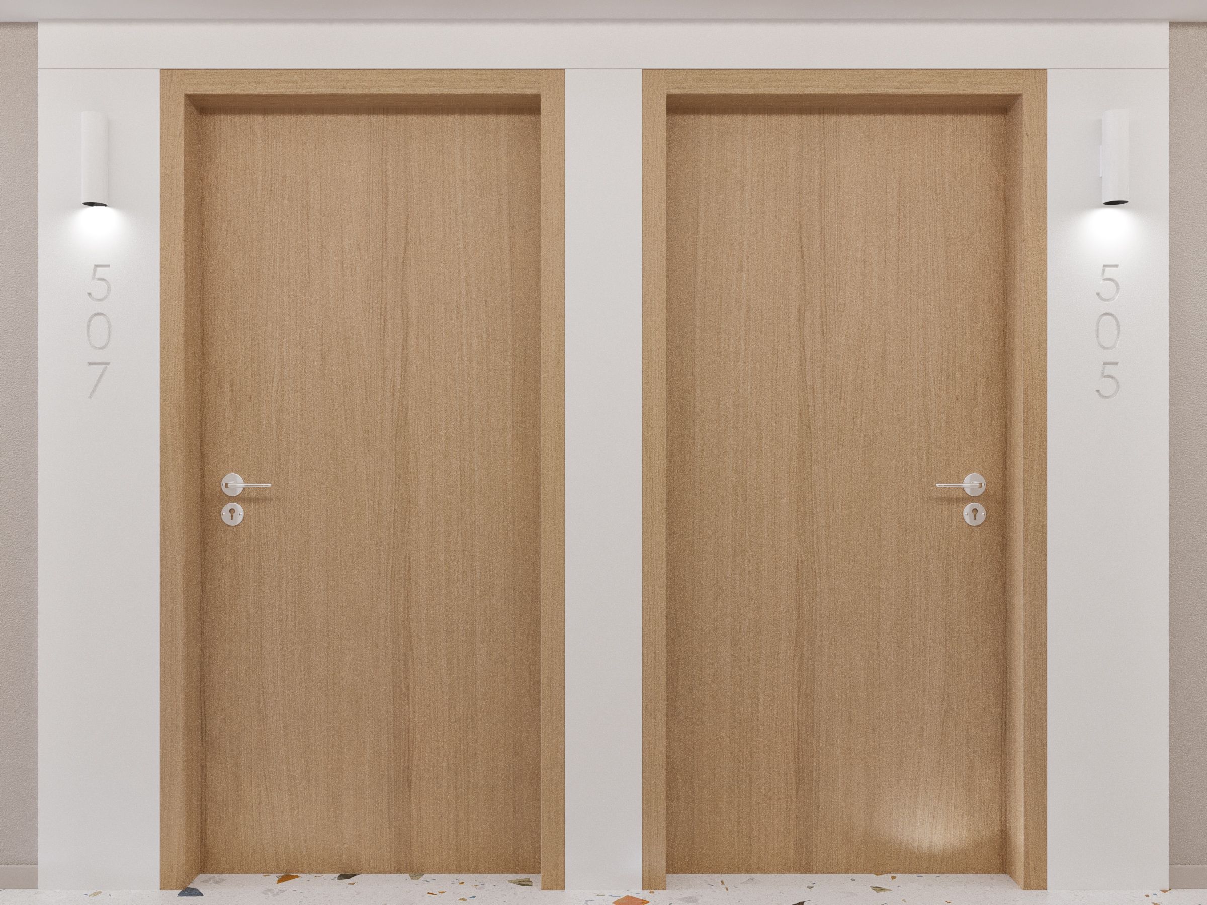 Two wooden doors with numbers '507' and '505' on the wall above them.