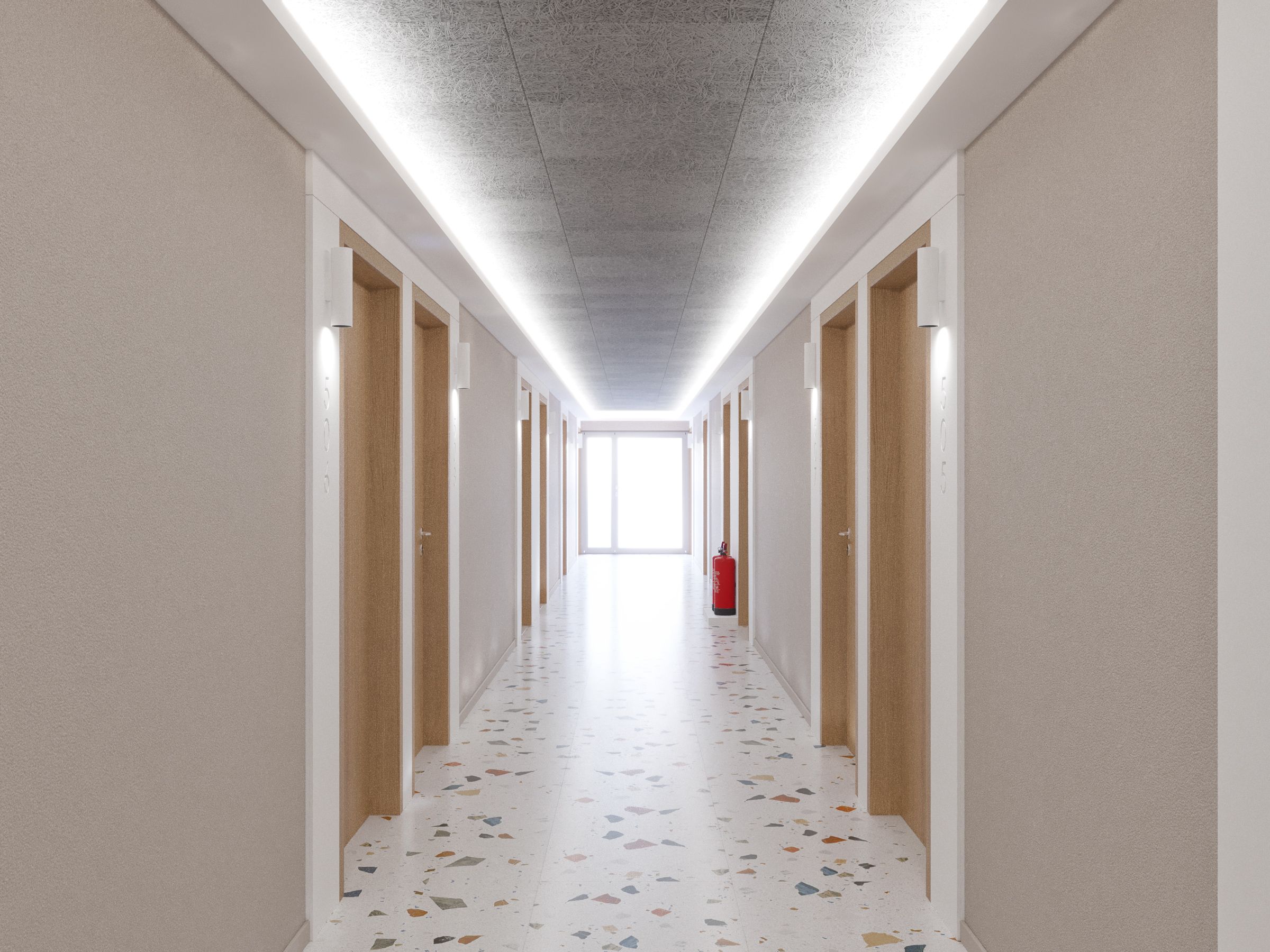 A long, narrow hallway with doors on both sides, a fire extinguisher on the right, and a bright window at the end.