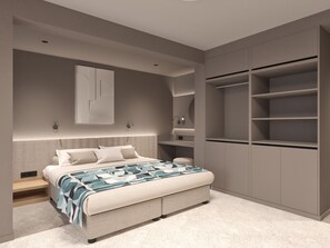 A modern bedroom with a bed, bedside tables, a wardrobe, and built-in lighting. - Grand Sunny Beach (Nessebar)