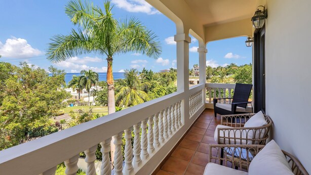 A balcony with a view of the sea, palm trees, and a white railing. - Casa D'Palma-steps to Sandy Beach! (Rincón)