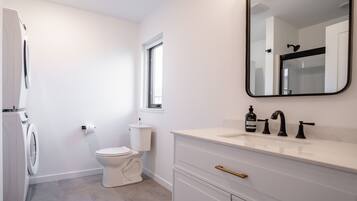 Combined shower/bathtub, hair dryer, towels, toilet paper