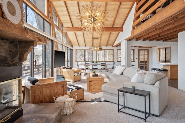 Smart TV, fireplace, video games, DVD player