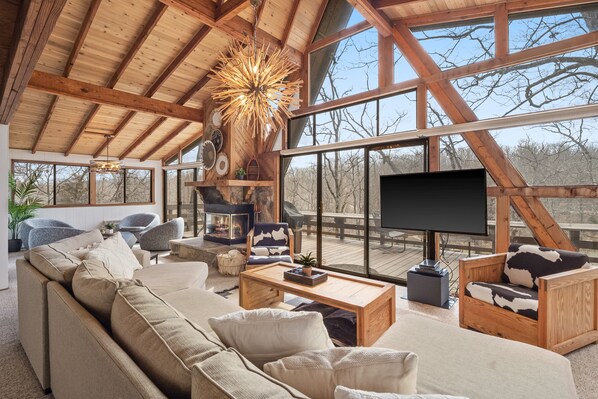 Smart TV, fireplace, video games, DVD player