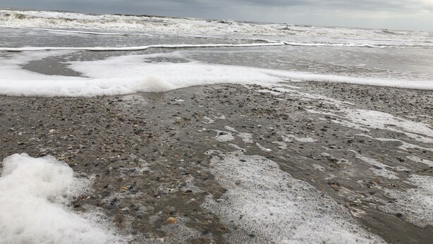 Una playa con olas y espuma, piedras y un cielo nublado.